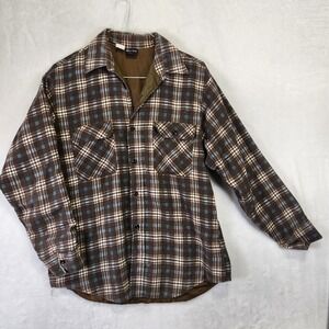 Vintage JCPenney The Mens Shop Brown Blue Plaid Quilted Flannel Shirt Jacket L